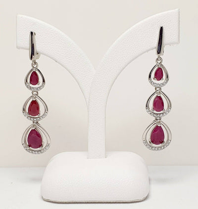 STERLING SILVER LONG RUBY AND CUBIC ZIRCONIA DROP EARRINGS 43mm