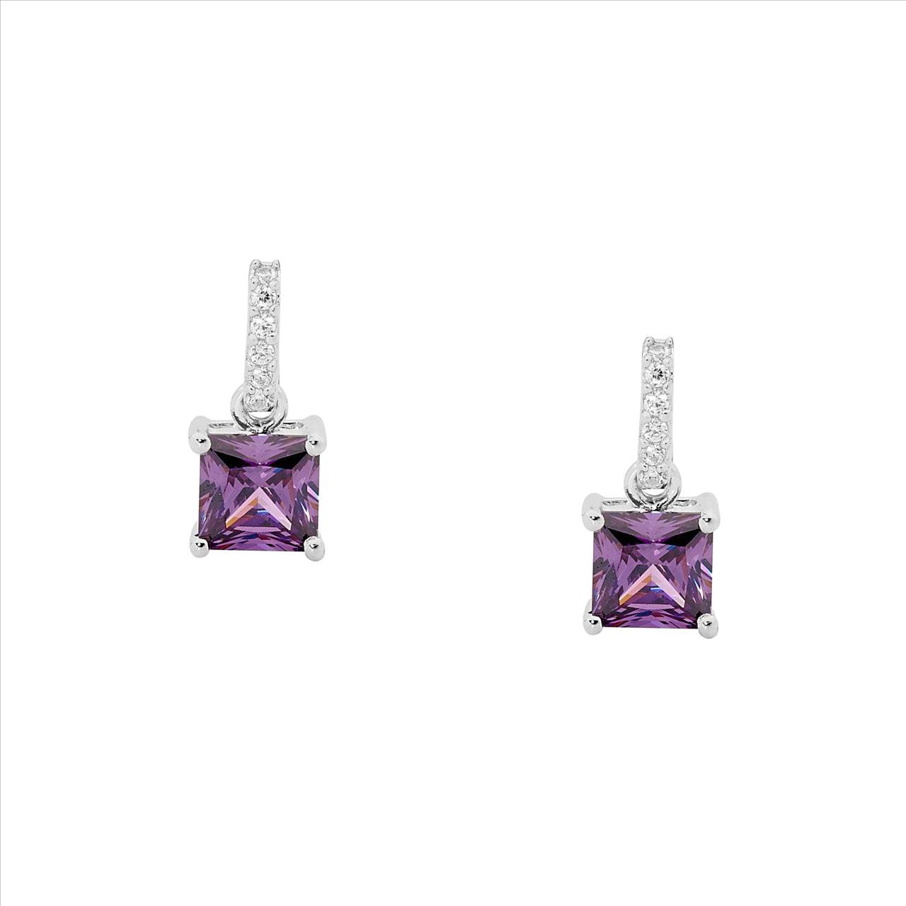 Sterling Silver Drop Earrings with Amethyst Colour Cubic Zirconias and White CZ Surround