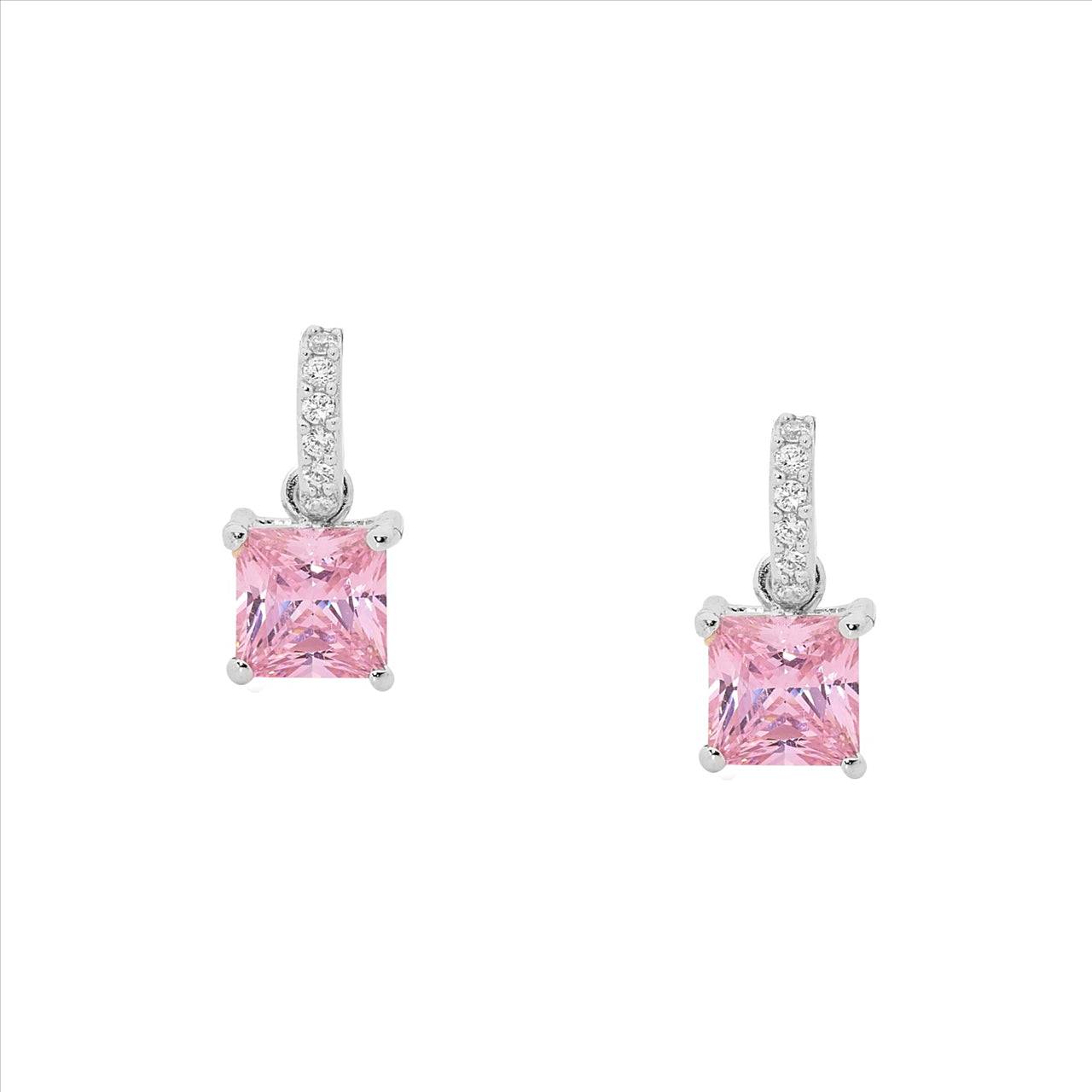Sterling Silver Drop Earrings with Princess Cut Pink Cubic Zirconias and White CZ Surround