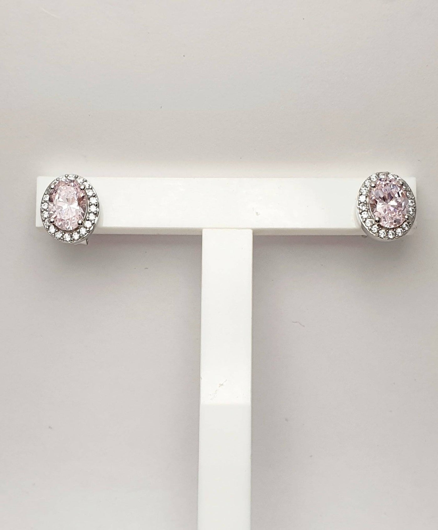 Sterling Silver Light Pink Oval Cubic Zirconia Earrings with White CZ Surround