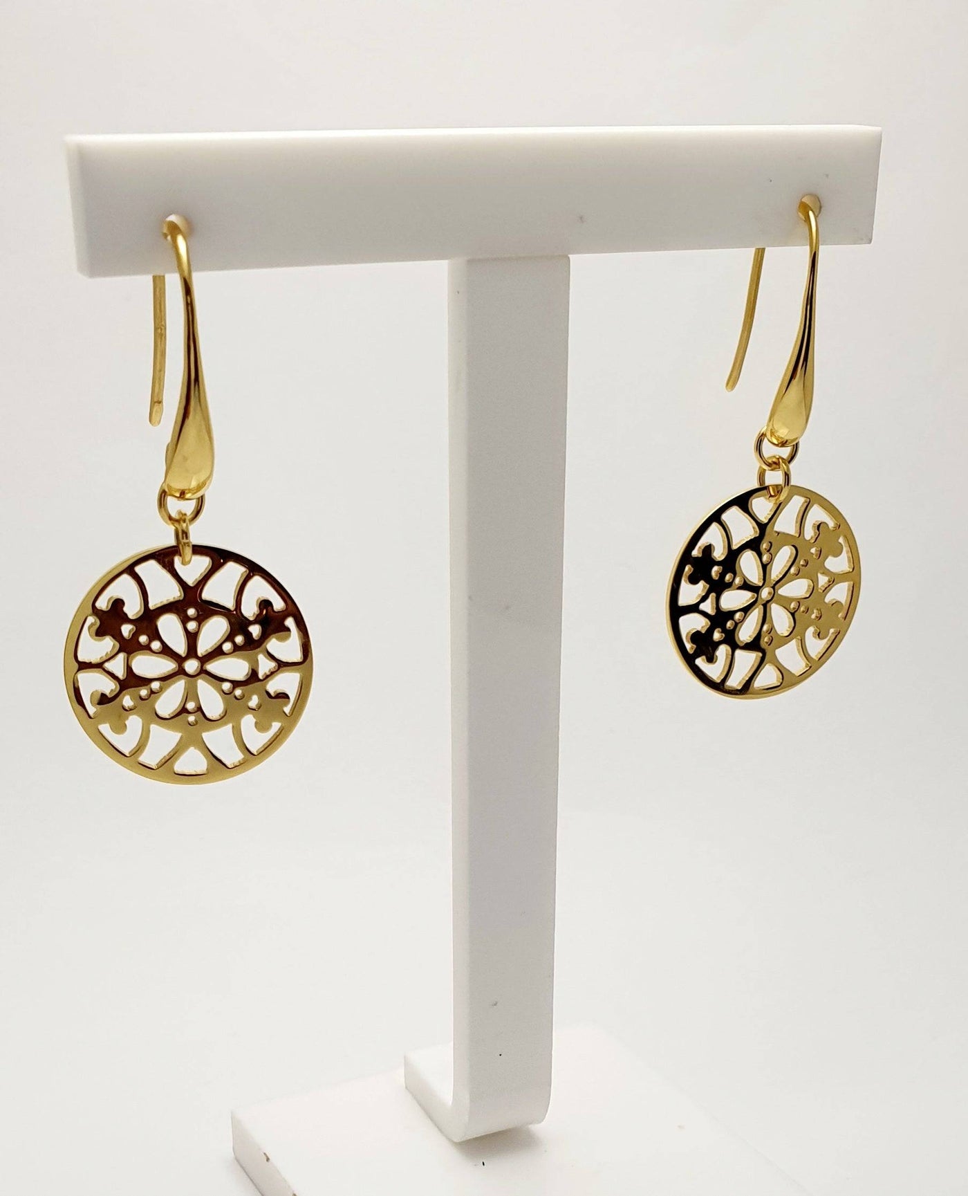 Gold IP Plating Over Stainless Steel Filigree Disk Feature Drop Earrings