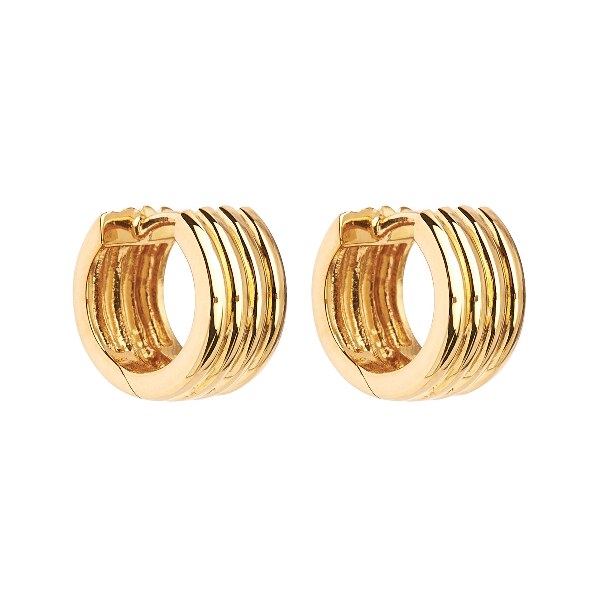 8X14mm Ribbed Yellow Gold (14K 1Mc) Plated Silver Huggies