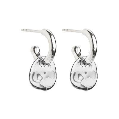 10X20mm, Silver Pebble Disc Hanging From 2X12mm Stud Hoop Earrings