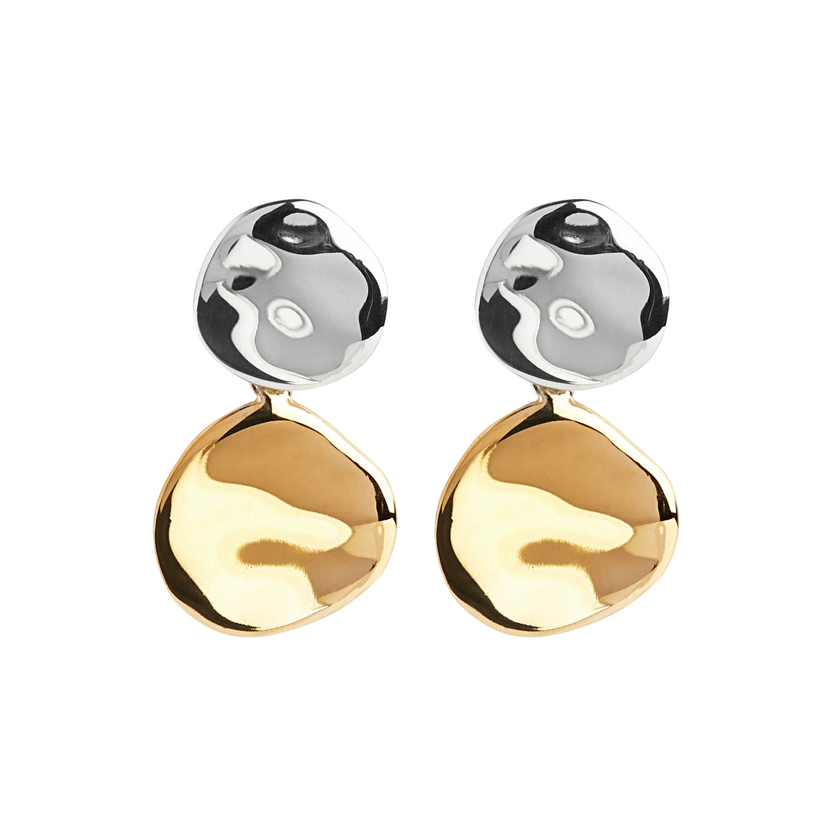 10X20mm Two-Tone Silver & Yellow Gold Plated Double Disk Hammered Stud Earrings