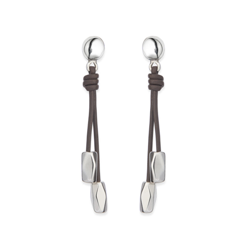 UNO- PATHS EARRINGS. Long earring with two leather straps and 15 micron silver-plated