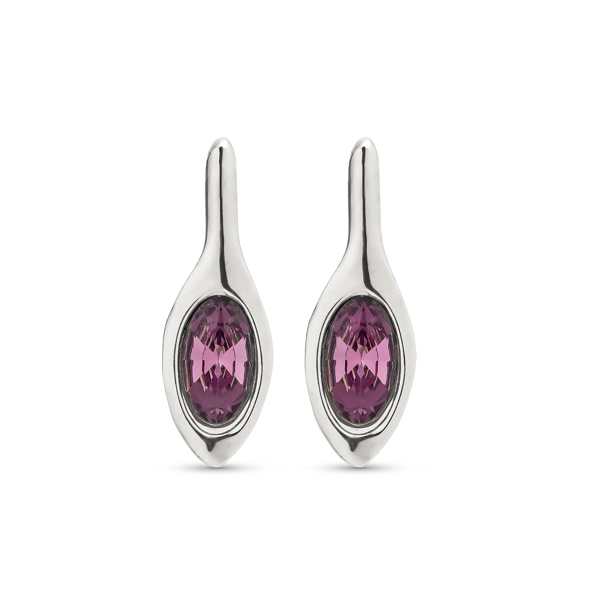 UNO-. BLOSSOM EARRINGS. Organic drop style silver-plated earrings with wine crystal.