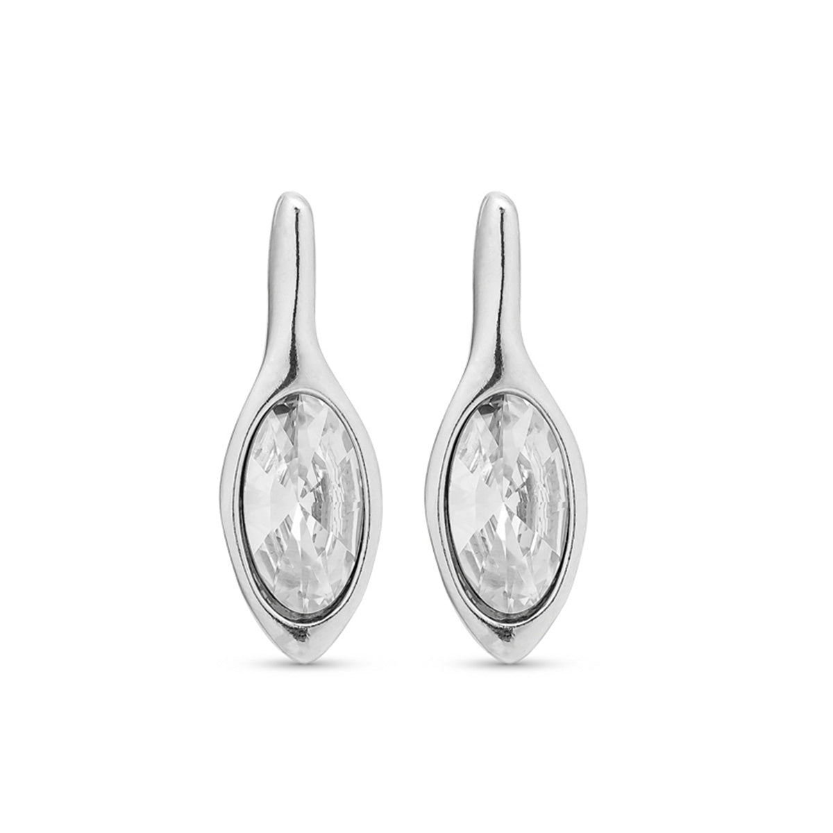 UNO-. SPRING EARRINGS. Organic drop style silver-plated earrings with white crystal. 3cm