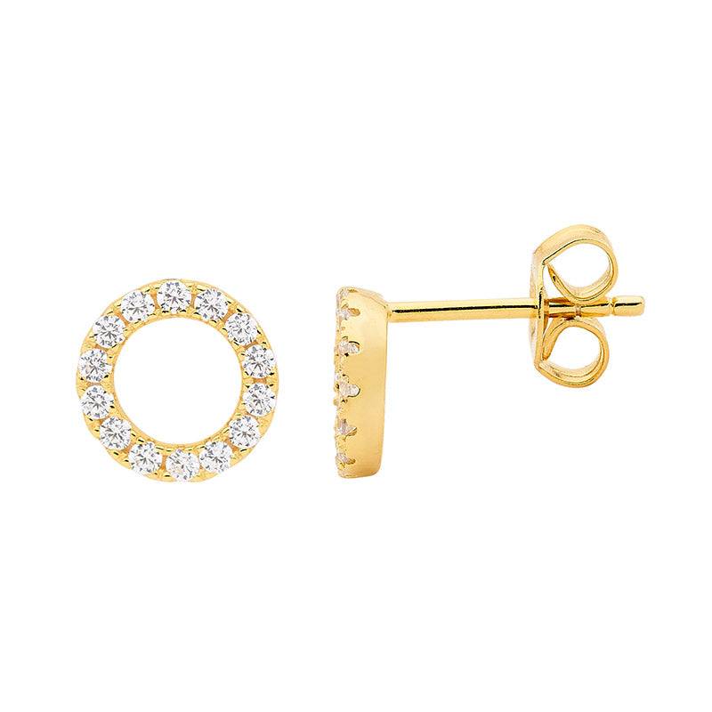 SS WH CZ 8mm Open Circle Earrings w/ Gold Plating
