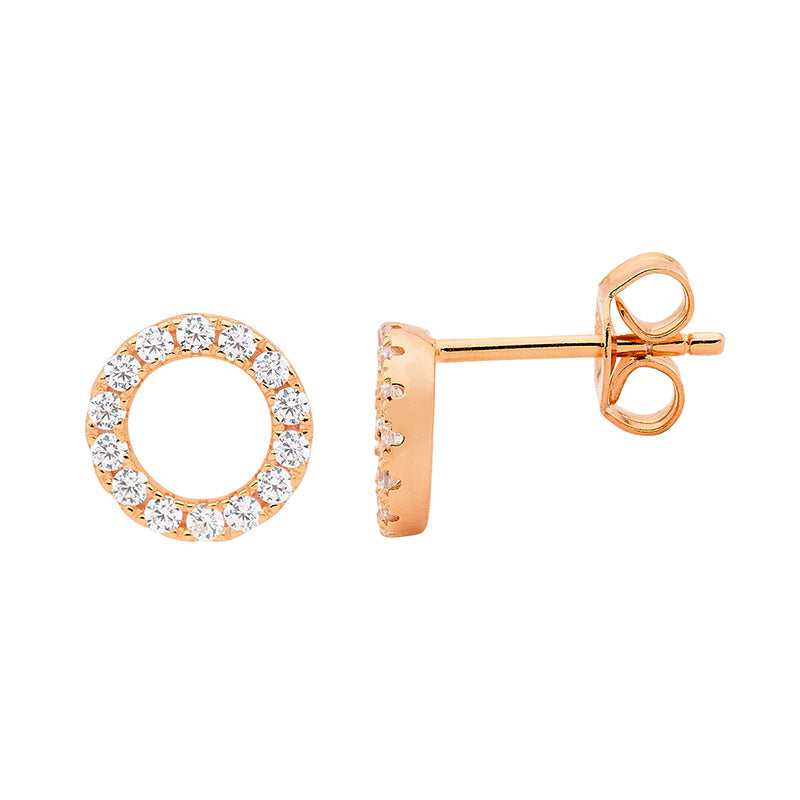 SS WH CZ 8mm Open Circle Earrings w/ Rose Gold Plating