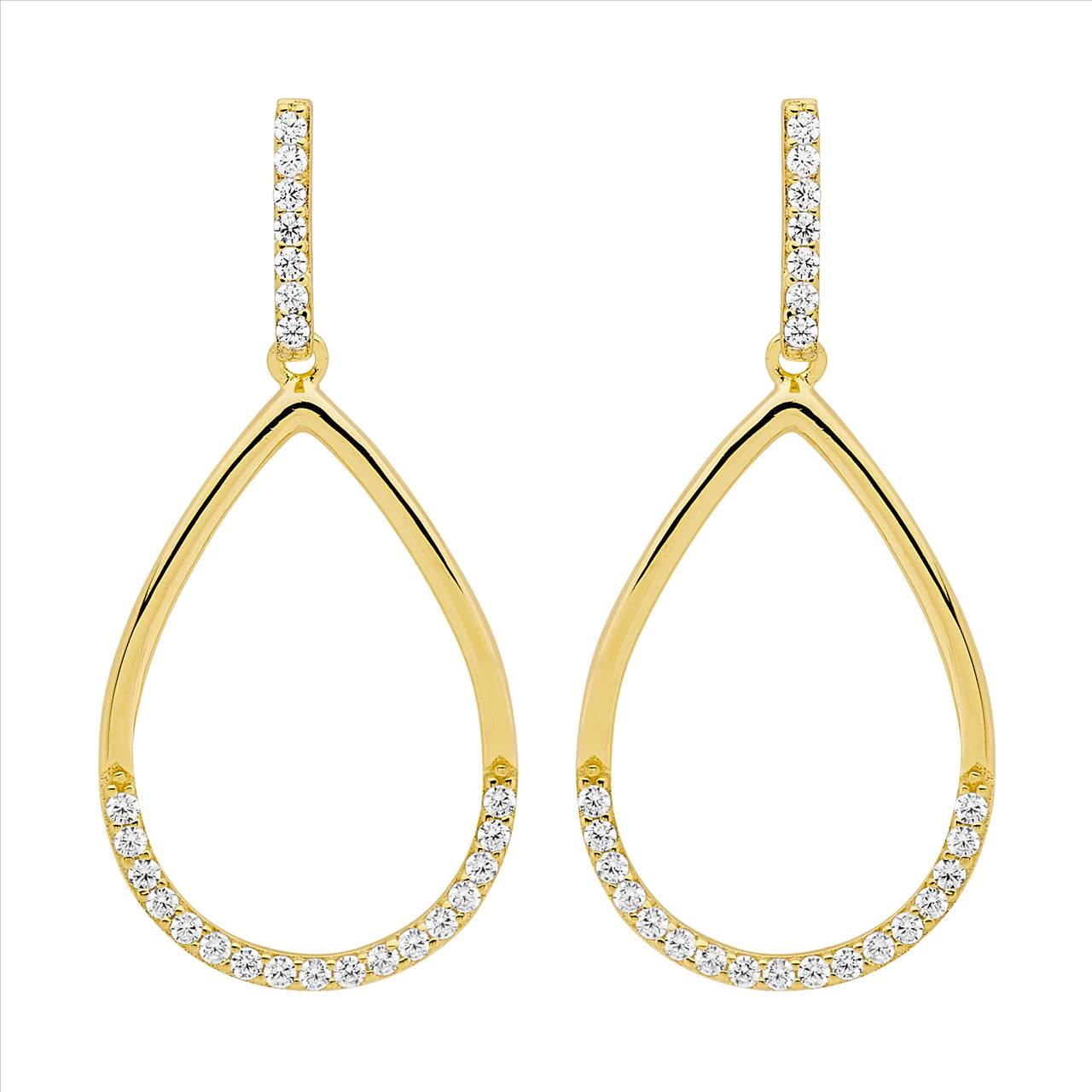 SS WH CZ open tear drop earrings w/ gold plating