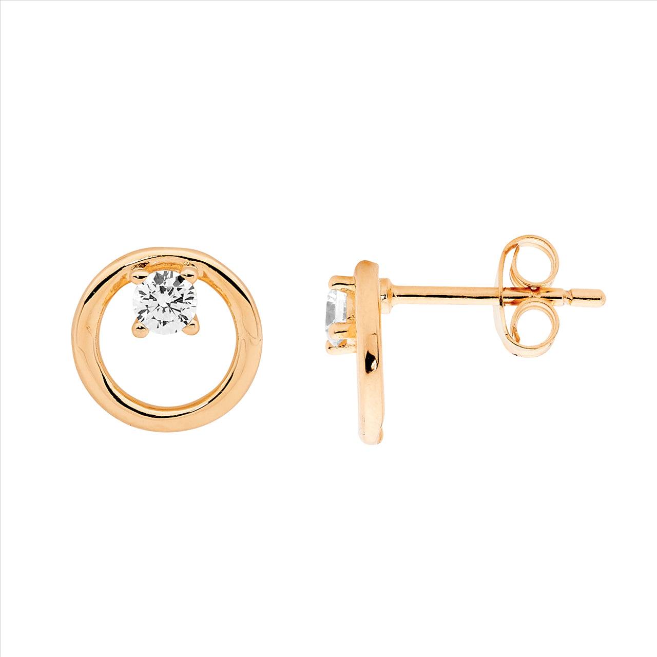 SS 9mm open circle earrings w/WH CZ & rose gold plating