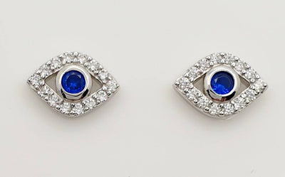 Sterling Silver Evil Eye Stud Earrings with White and Blue Cubic Zirconias