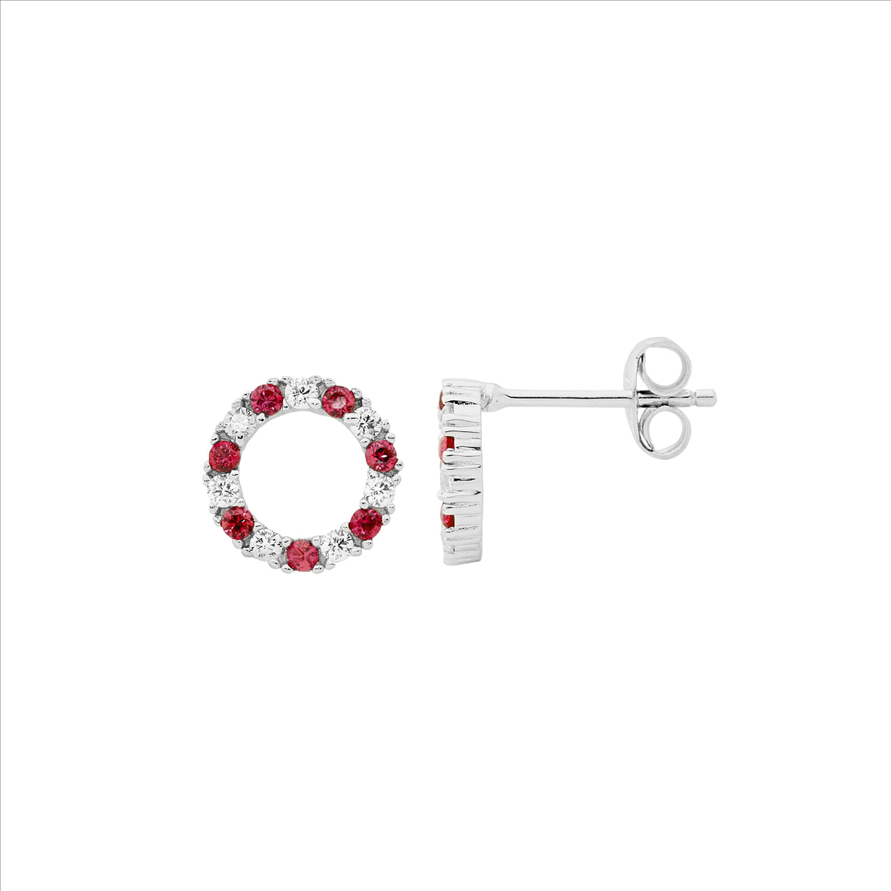 Sterling Silver White & Red CZ 9mm open circle stud earrings