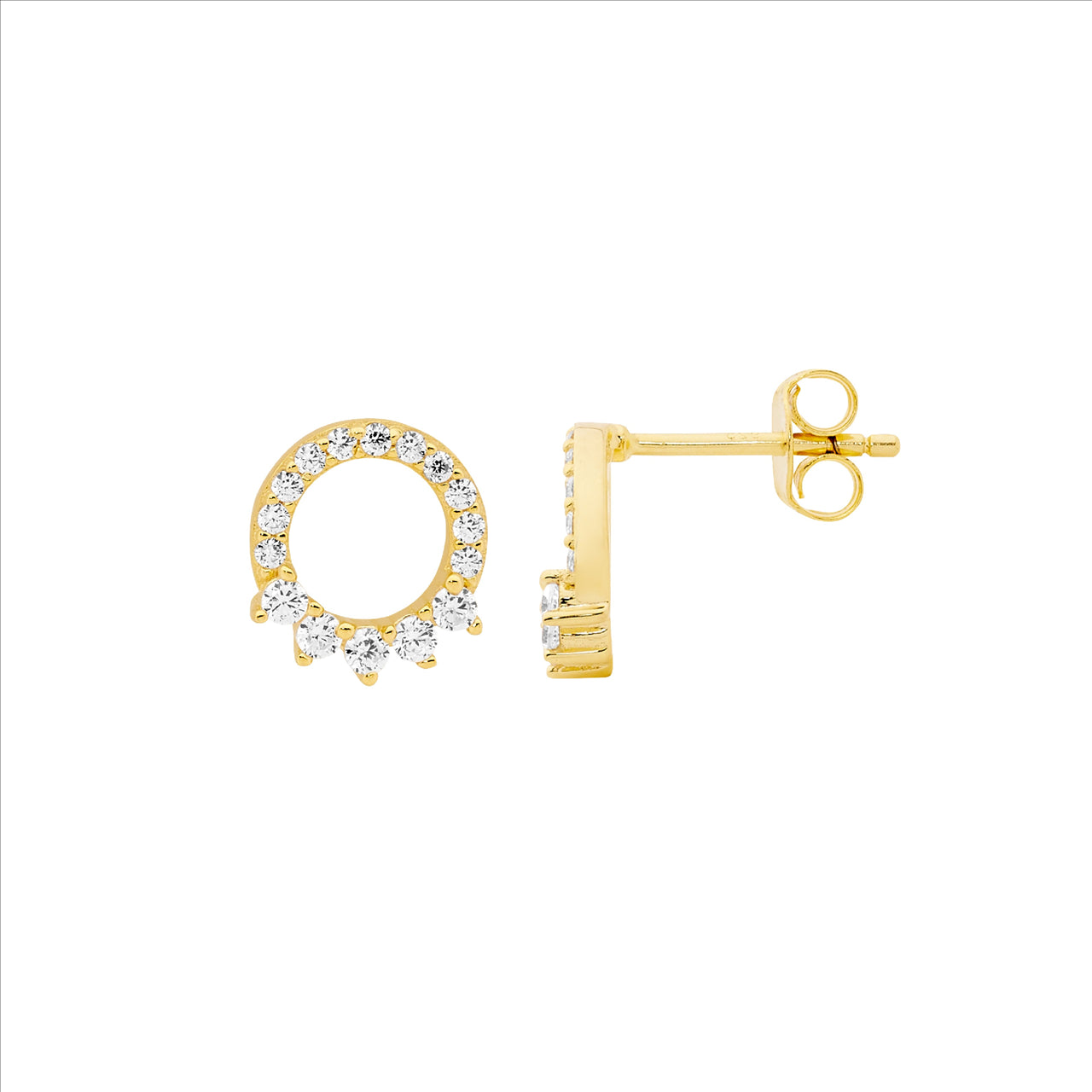 Gold Plated Sterling Silver, 9mm open circle studs with White CZ's