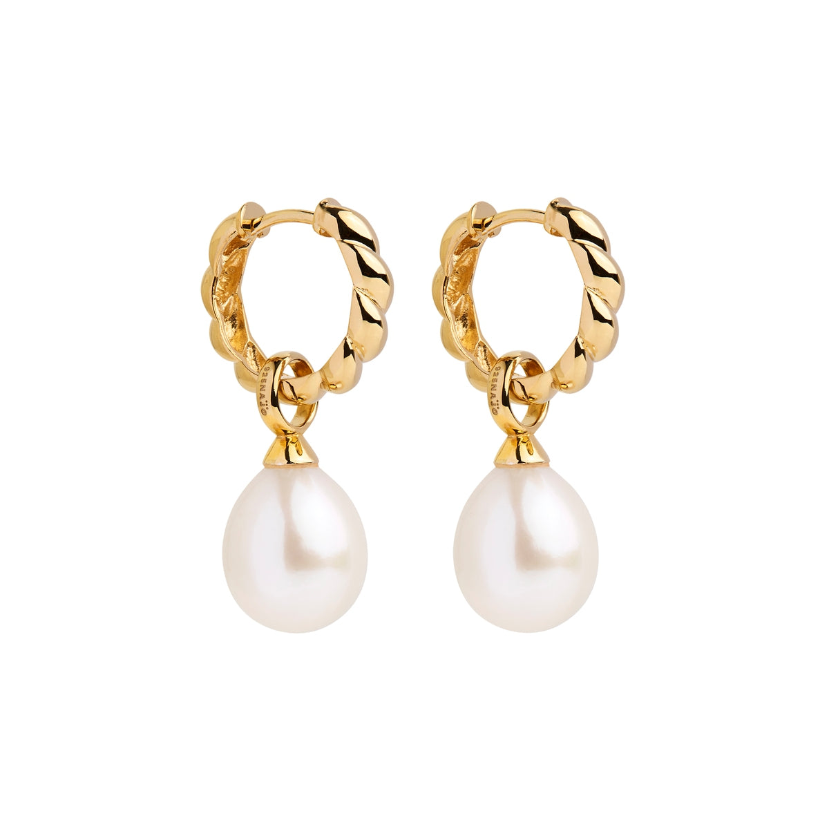 11Mm F/W Pearl On 4X16mm Yellow Gold (14K 1Mc) Plated Sterling Silver Huggie Earring,