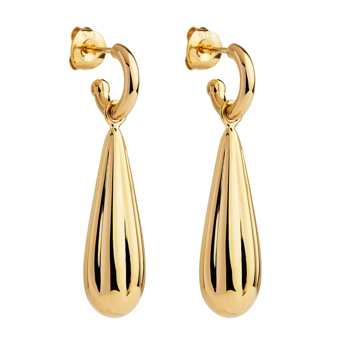 Sterling Silver 14K Yellow Gold Plated Silver Hollow, Ridged Drop Stud Earring.