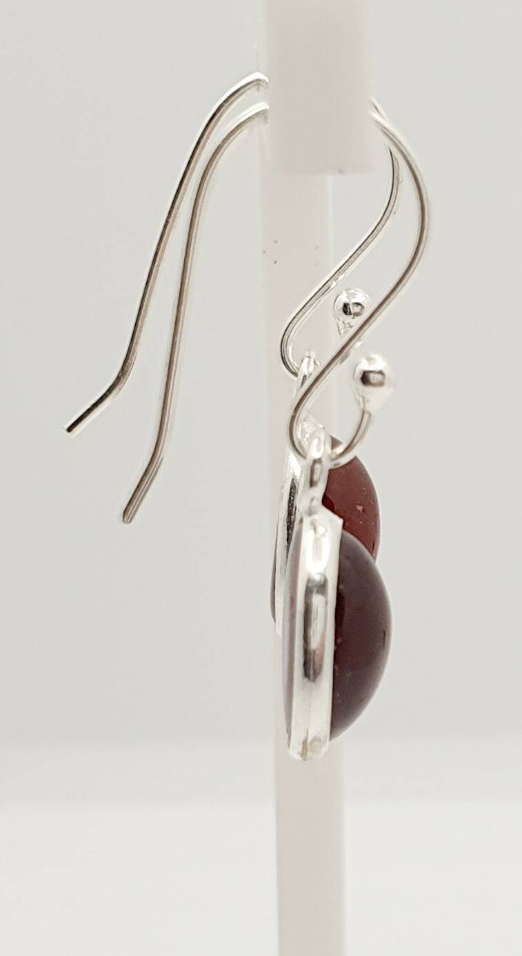 Sterling Silver, Cabochon Cut Garnet Drop Earrings 25mm