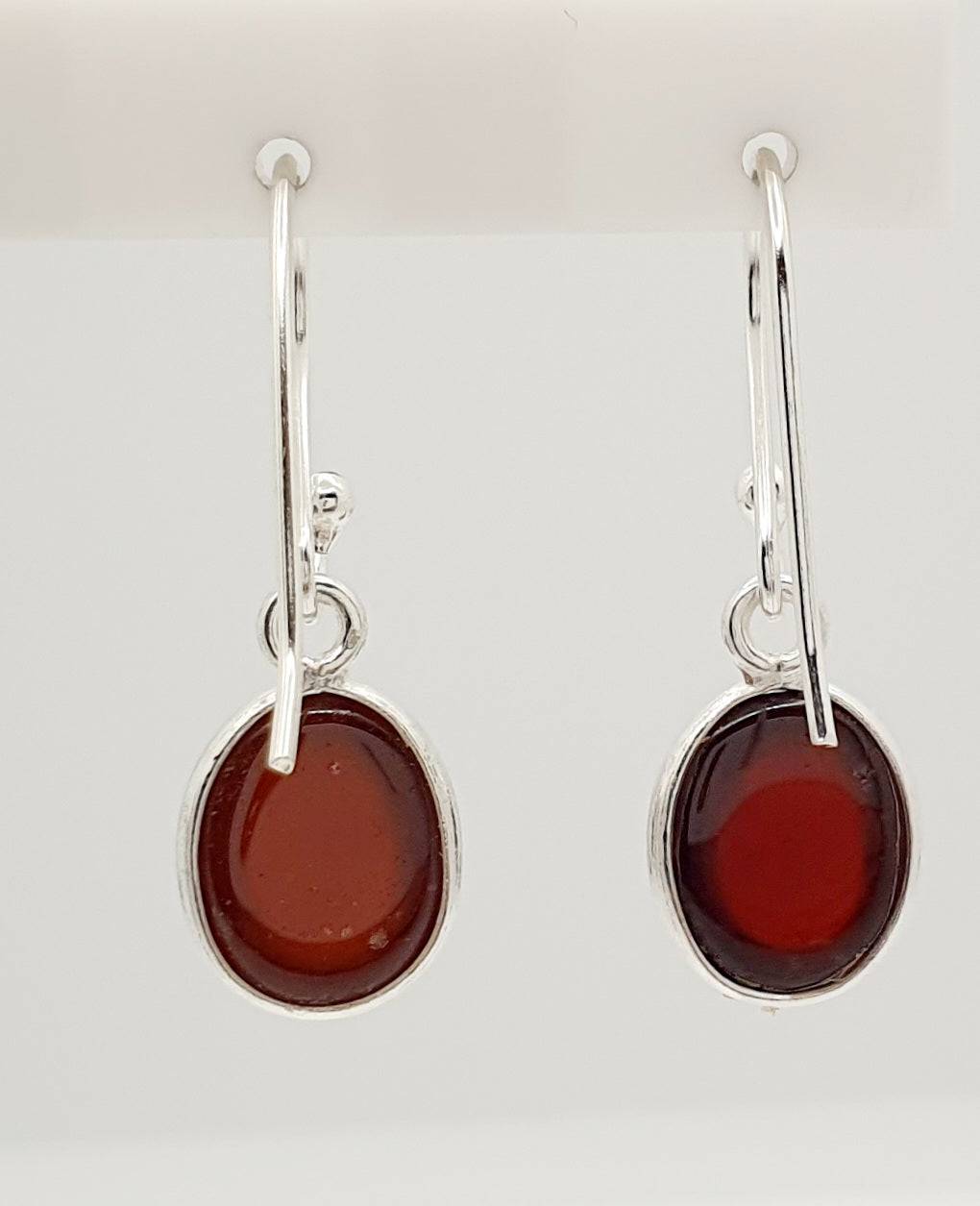 Sterling Silver, Cabochon Cut Garnet Drop Earrings 25mm