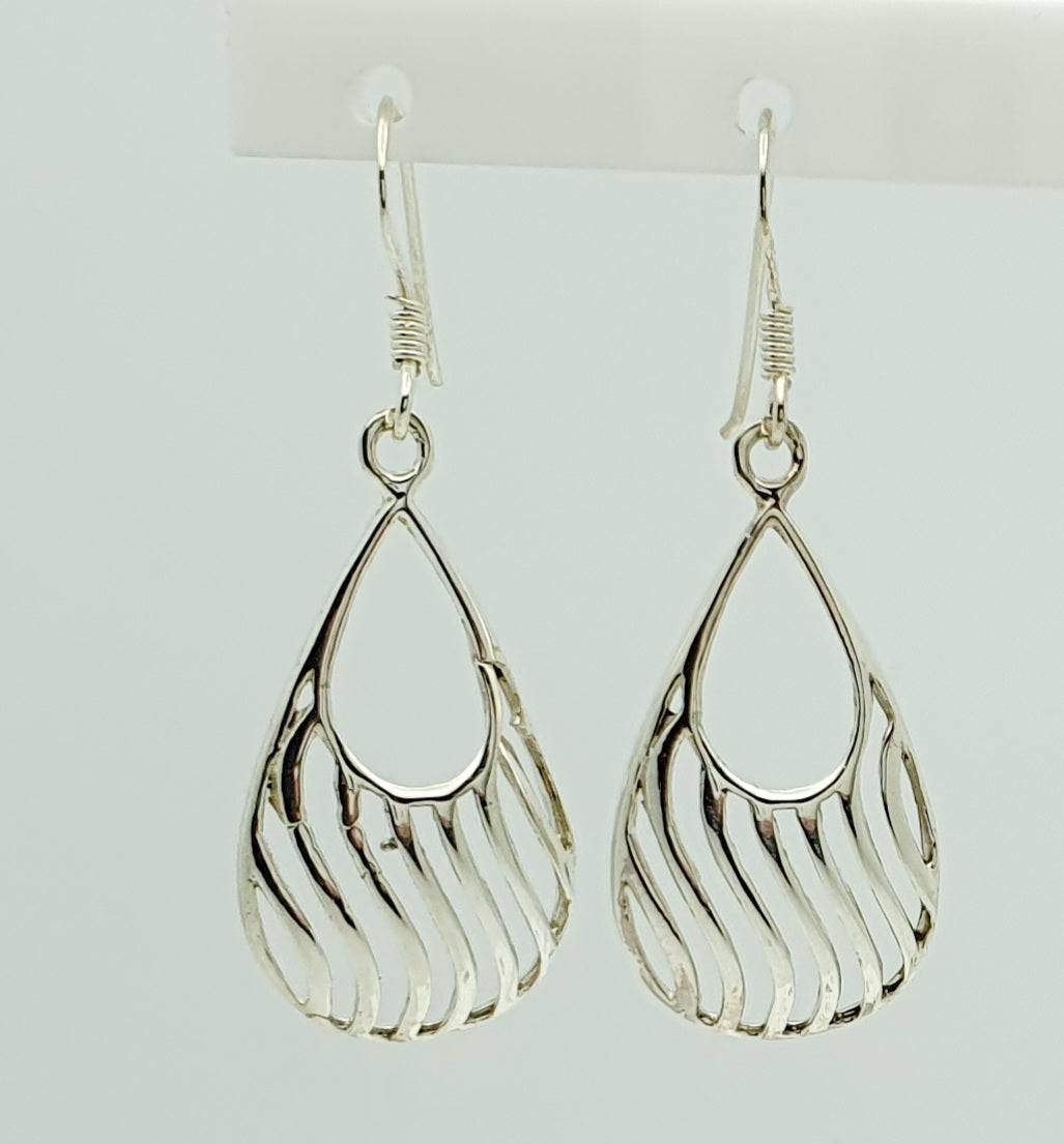 Sterling Silver Tear Drop Earrings with Curved Bar Pattern