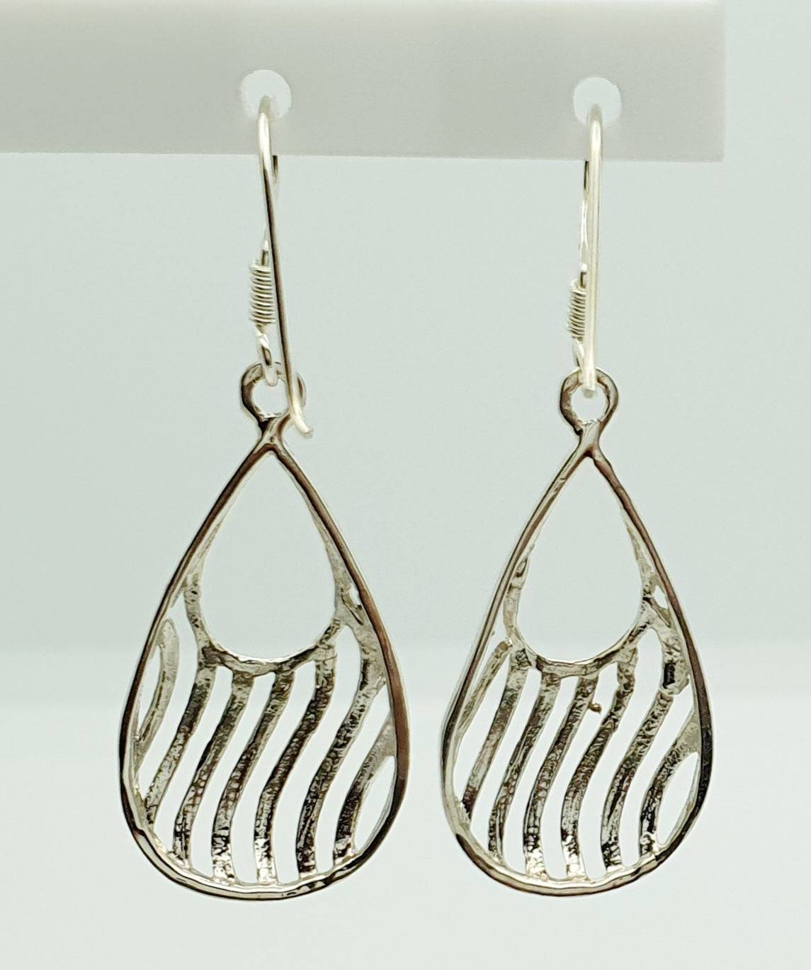 Sterling Silver Tear Drop Earrings with Curved Bar Pattern