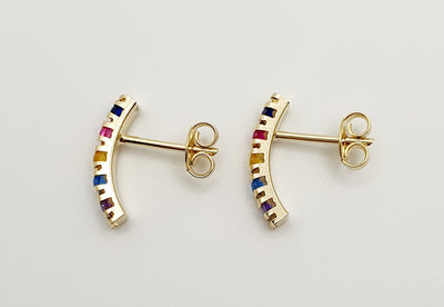 18K Gold, Filled, Curved Bar Multicoloured Crystal Stud Earrings
