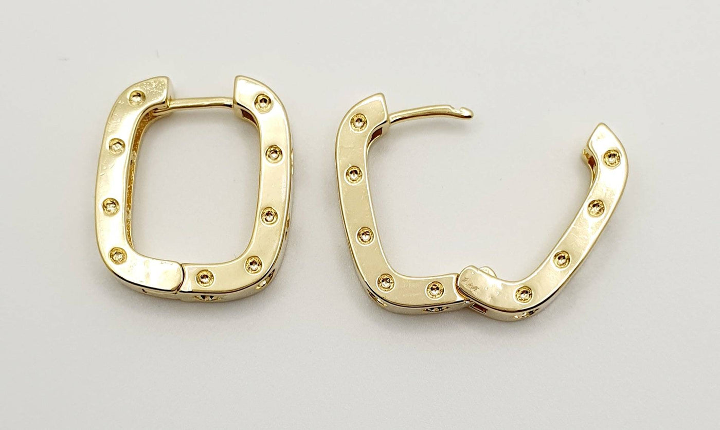 18K Gold, Filled Chunky Rectangular Huggie Style Hoop Earrings with CZ's