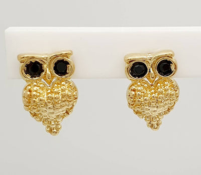 18K Gold, Filled, Owl Stud Earrings with Black Crystal Eyes