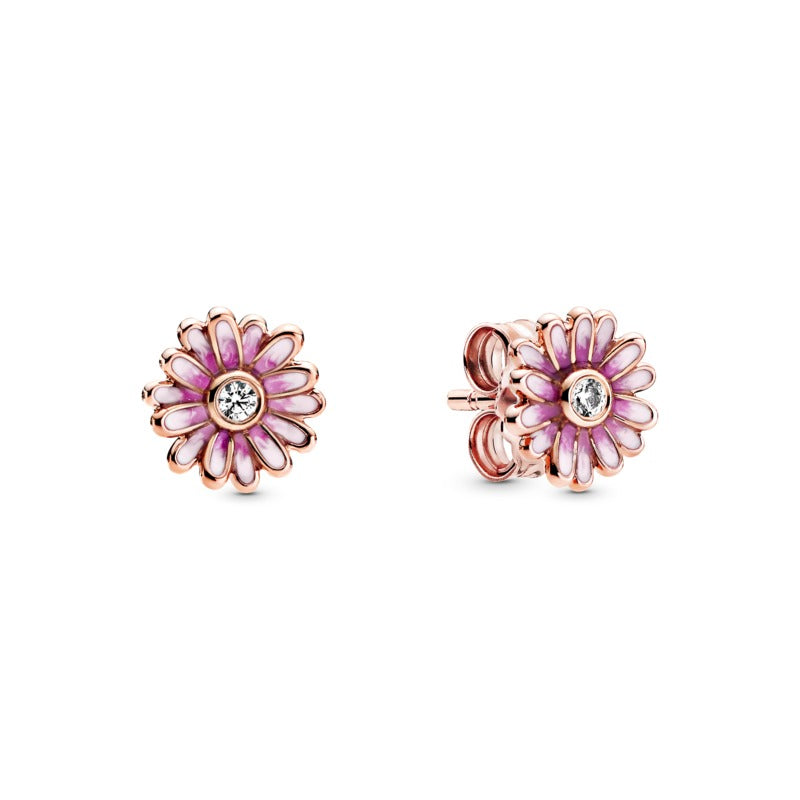 Pandora Rose Pink Daisy Flower Studs W Mixed Enamel & Cz Earrings