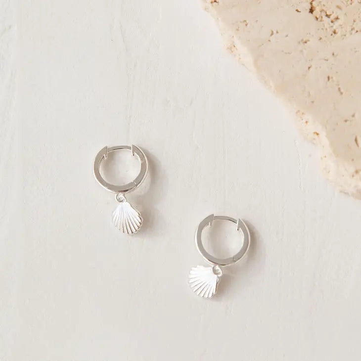 Silver Shell Earrings Crafted From .925 Sterling Silver With Rhodium Plating Huggie Hoops.