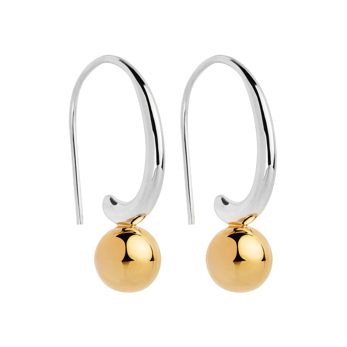 8Mm Yellow Gold (14K 1Mc) Plated Silver Ball On 20Mm Fixed Silver Curl Hook Earring, Antitarnish