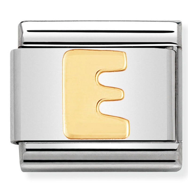 Nomination Letter E Link Charm Stainless Steel With Solid 18Ct Yellow Gold Letter E