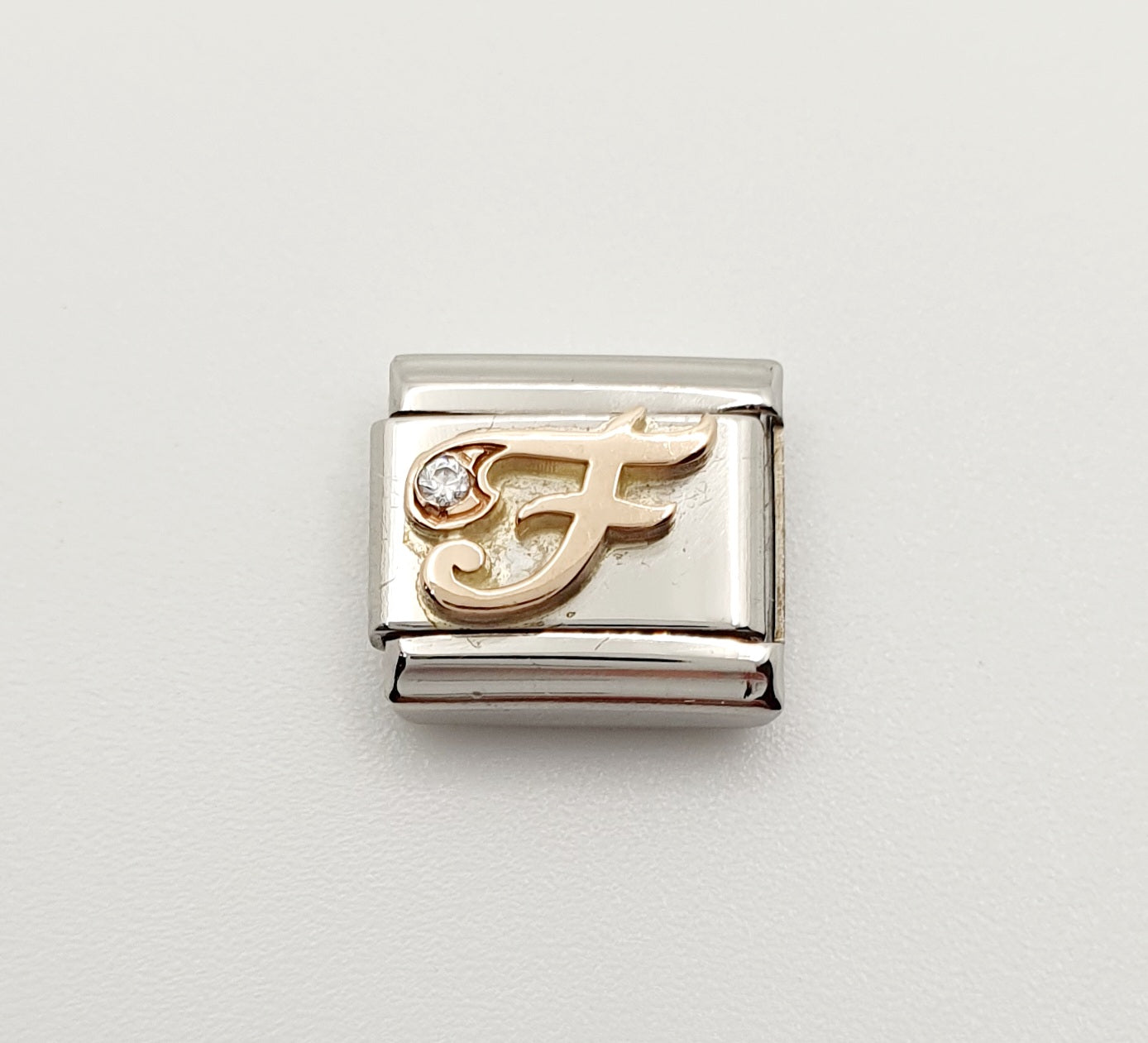 Nomination Charm Link "F" Stainless Steel with CZ's & 9k Rose Gold, 430310 06