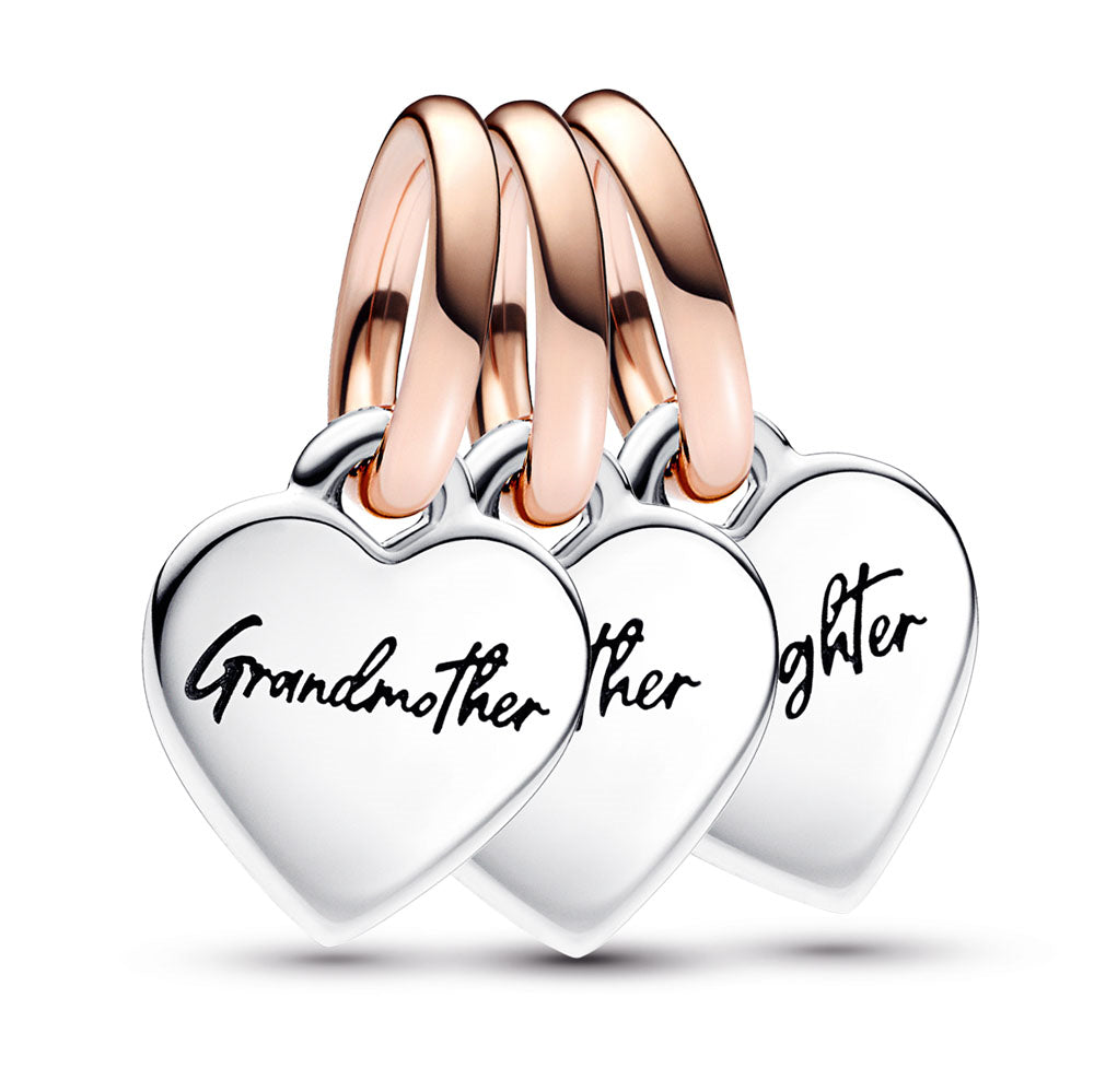 Pandora Two-Tone Splittable Family Generation Of Hearts Triple Dangle Charm Grandmother, Mother, Daughter.