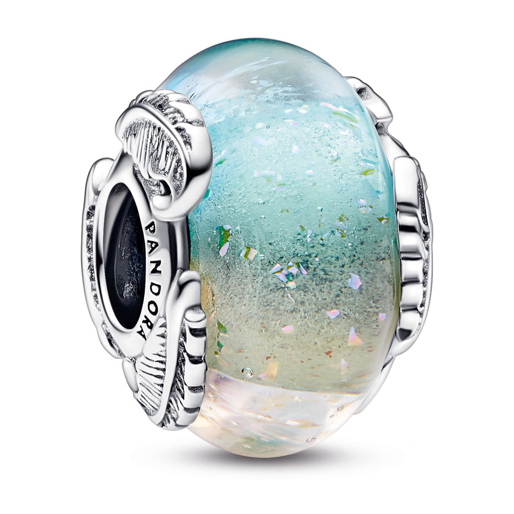 PANDORA Feather sterling silver charm with pink dichroic multicolor rainbow Murano glass