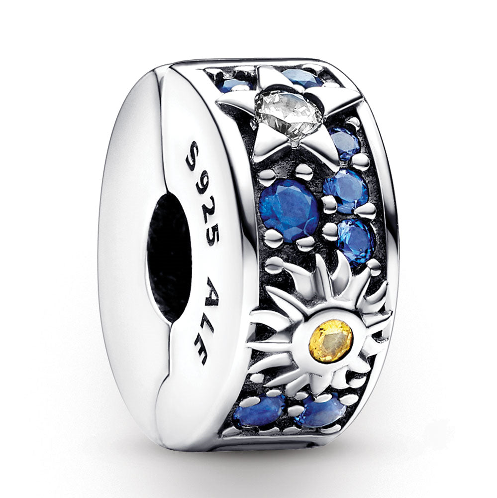 PANDORA Celestial sterling silver clip with royal blue crystal, night blue crystal, blazing yellow crystal, clear cubic zirconia and silicone grip