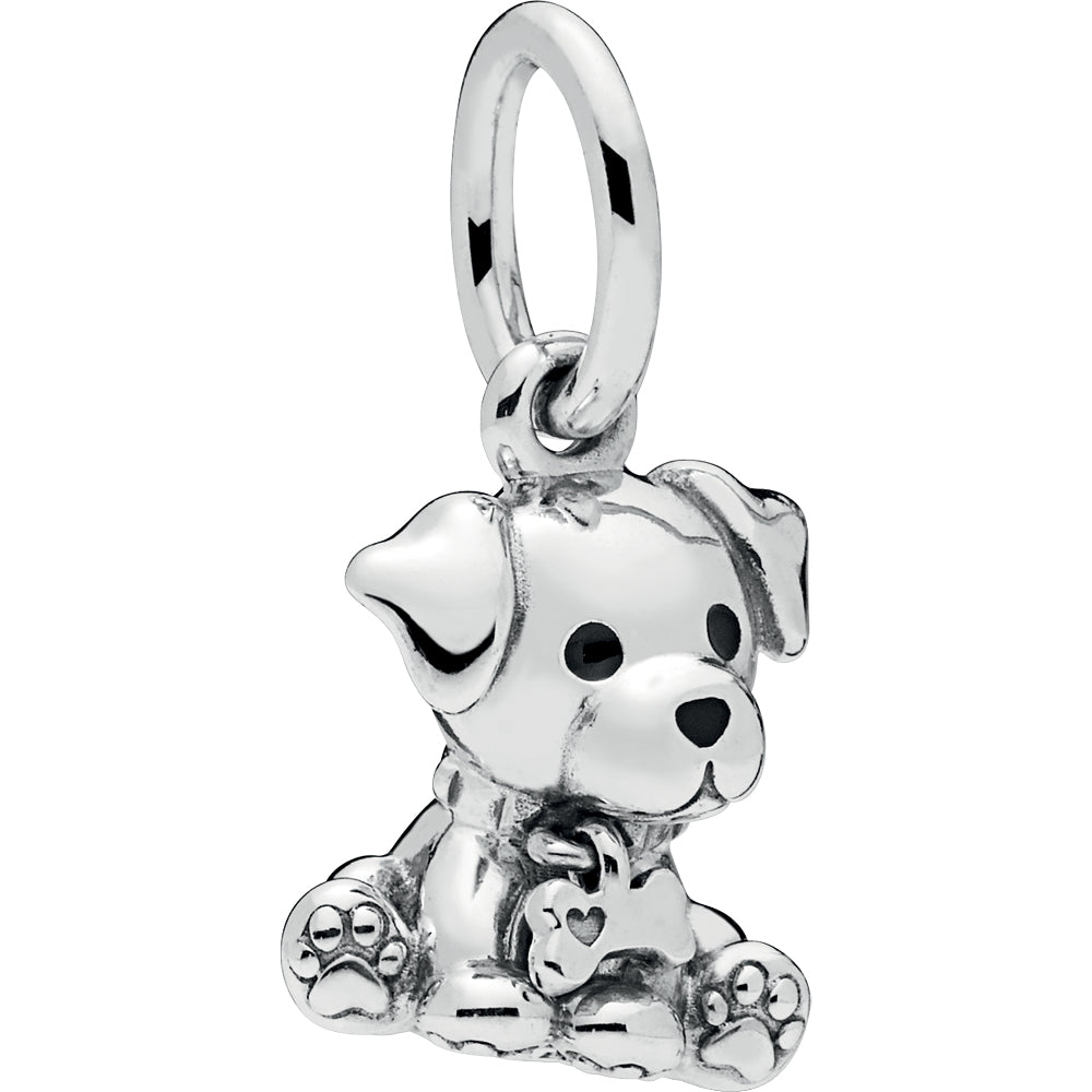 Labrador Puppy Silver Hanging Charm w Black Enamel