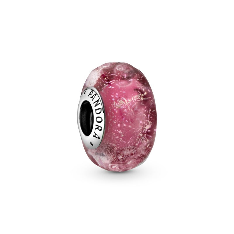 Wavy Pink Murano Silver Charm w Pink Murano Glass