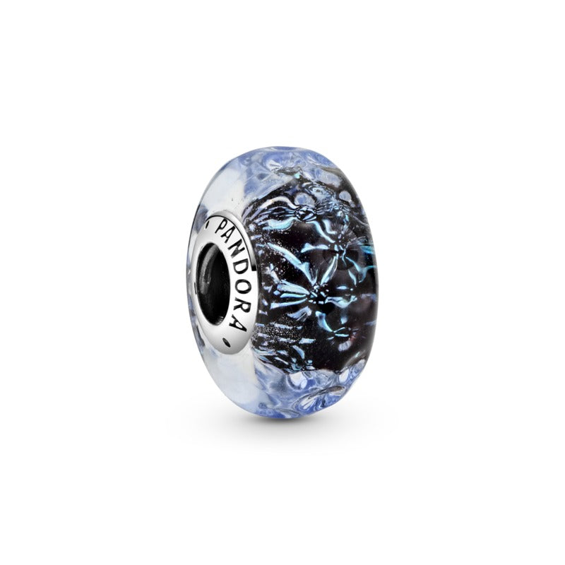 Wavy Dark Blue Murano Ocean Glass Charm w Iridescent & Blue Murano