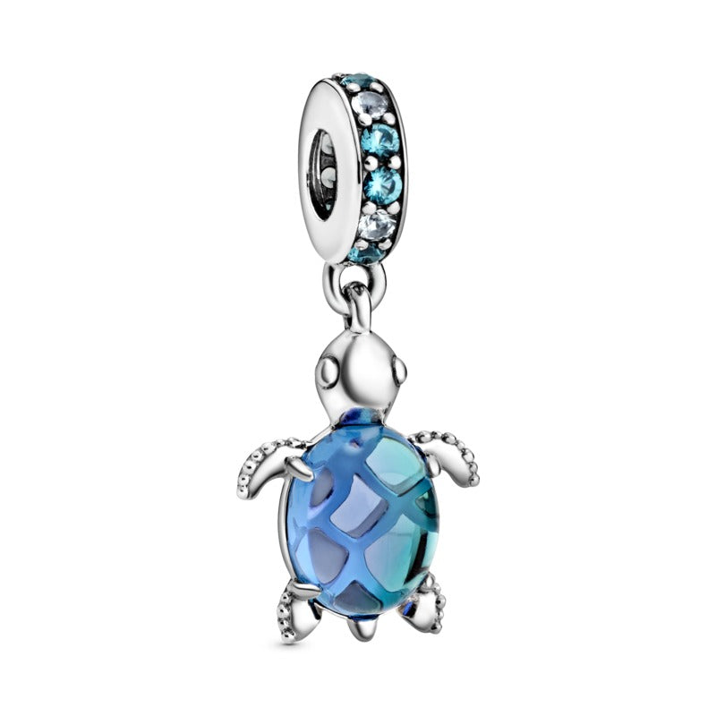 Murano Glass Sea Turtle Silver Hanging Charm w Blue & Green Crystal & Peacock Murano
