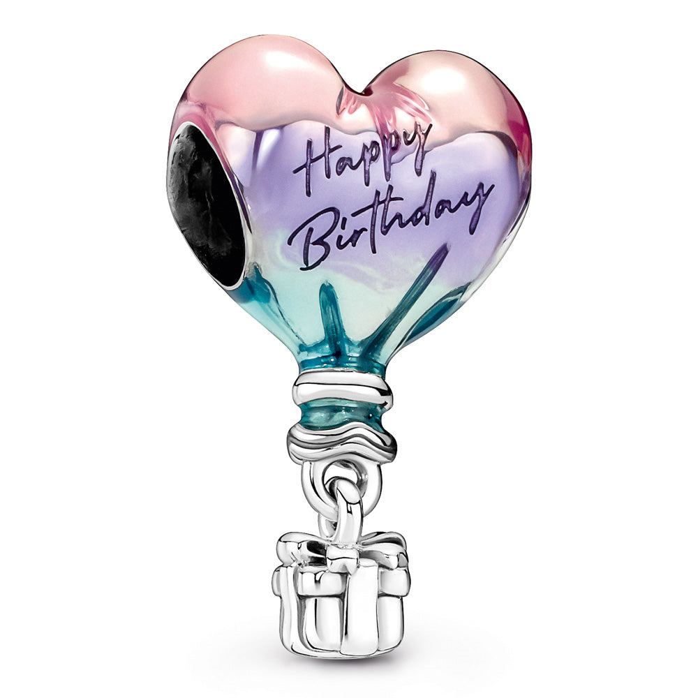 Happy Birthday balloon sterling silver charm with shaded transparent pink, purple and blue enamel