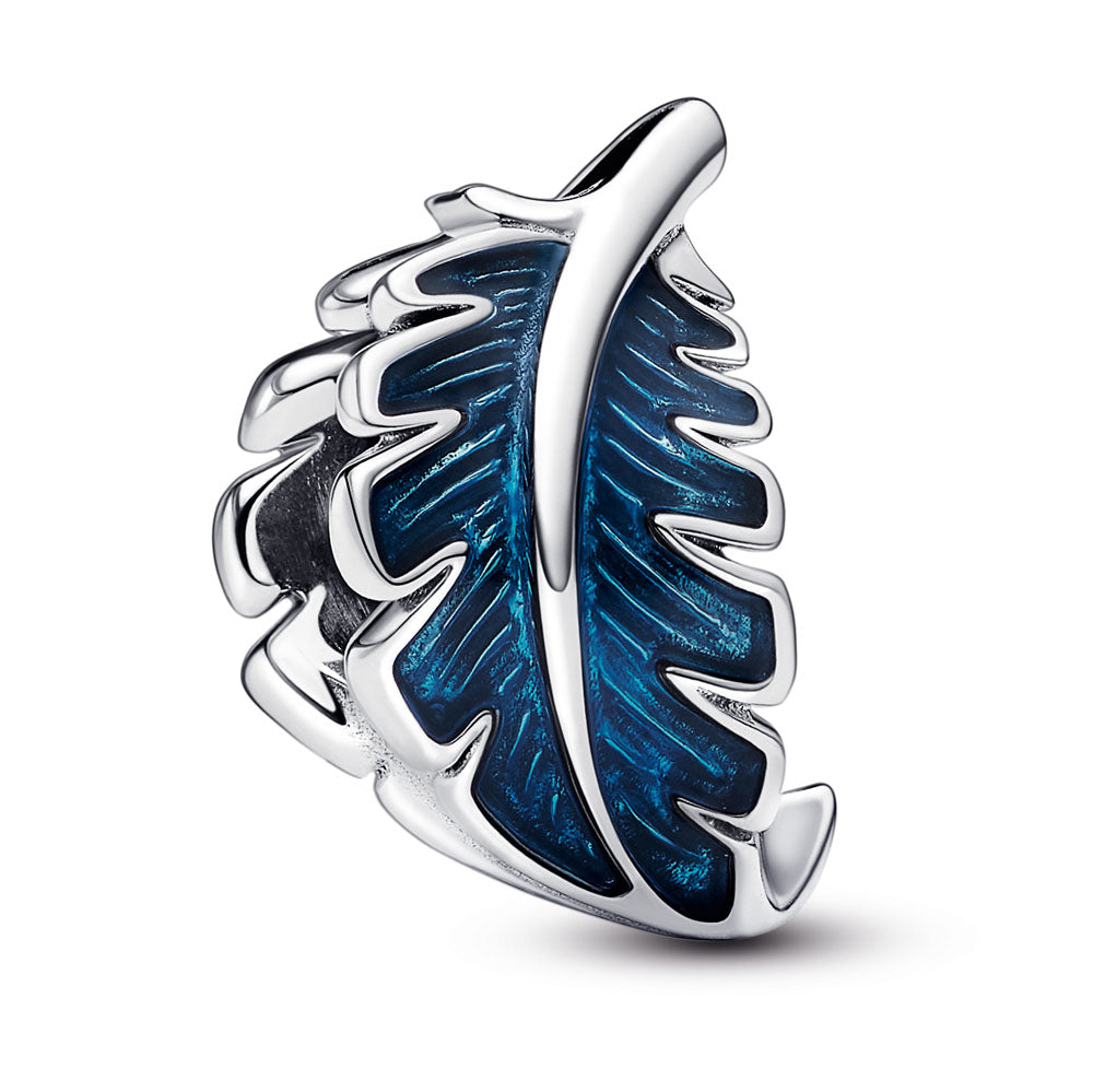 Feather sterling silver charm with transparent blue enamel