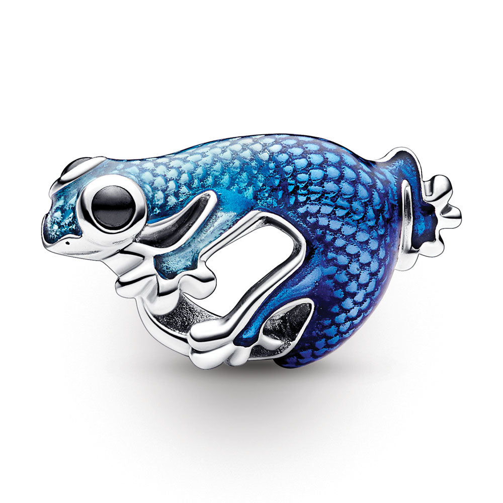 Gecko sterling silver charm with black crystal and shaded transparent metallic light to dark blue enamel