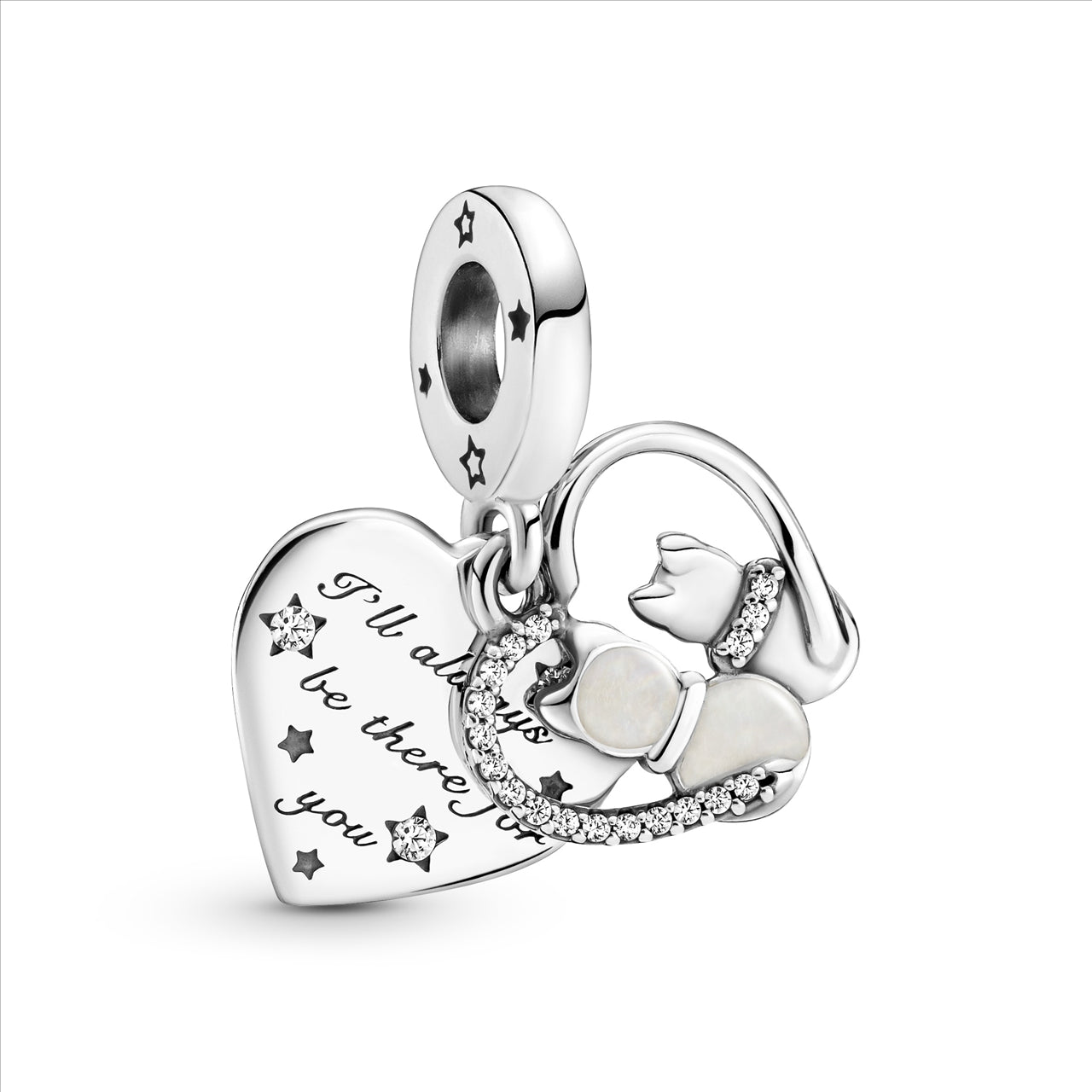 Pandora S/S Sentimental Cat & Heart Silver Hanging Charm w Clear CZ & Shimmering Silver Enamel