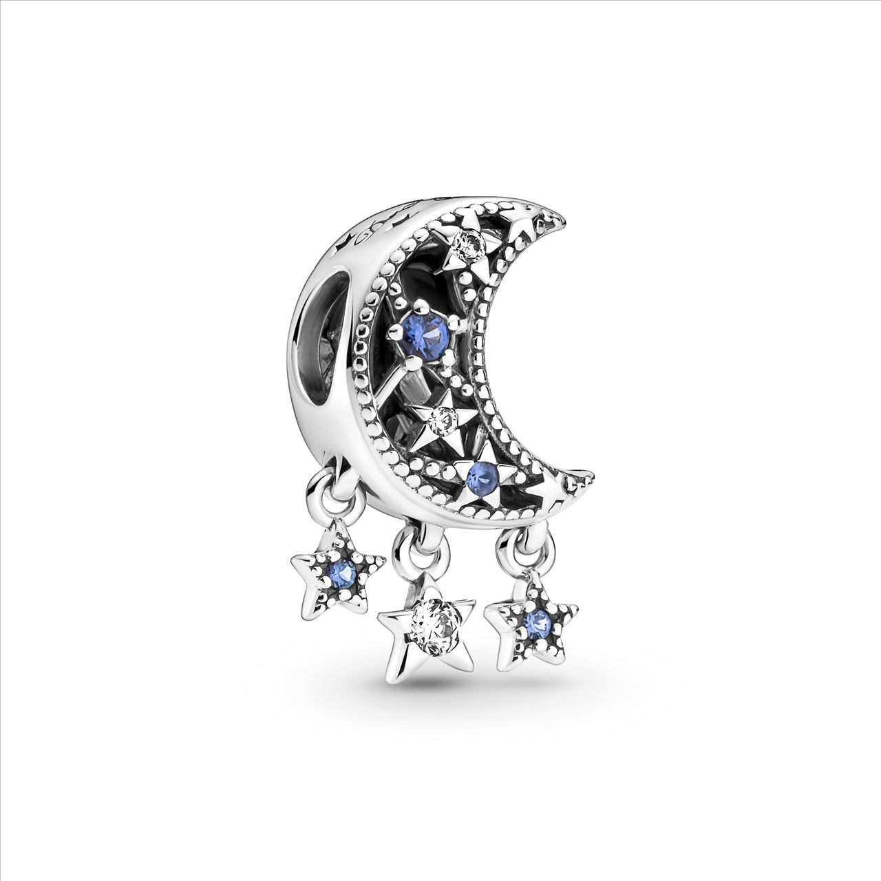 Moon and star sterling silver charm with stellar blue crystal and clear cubic zirconia