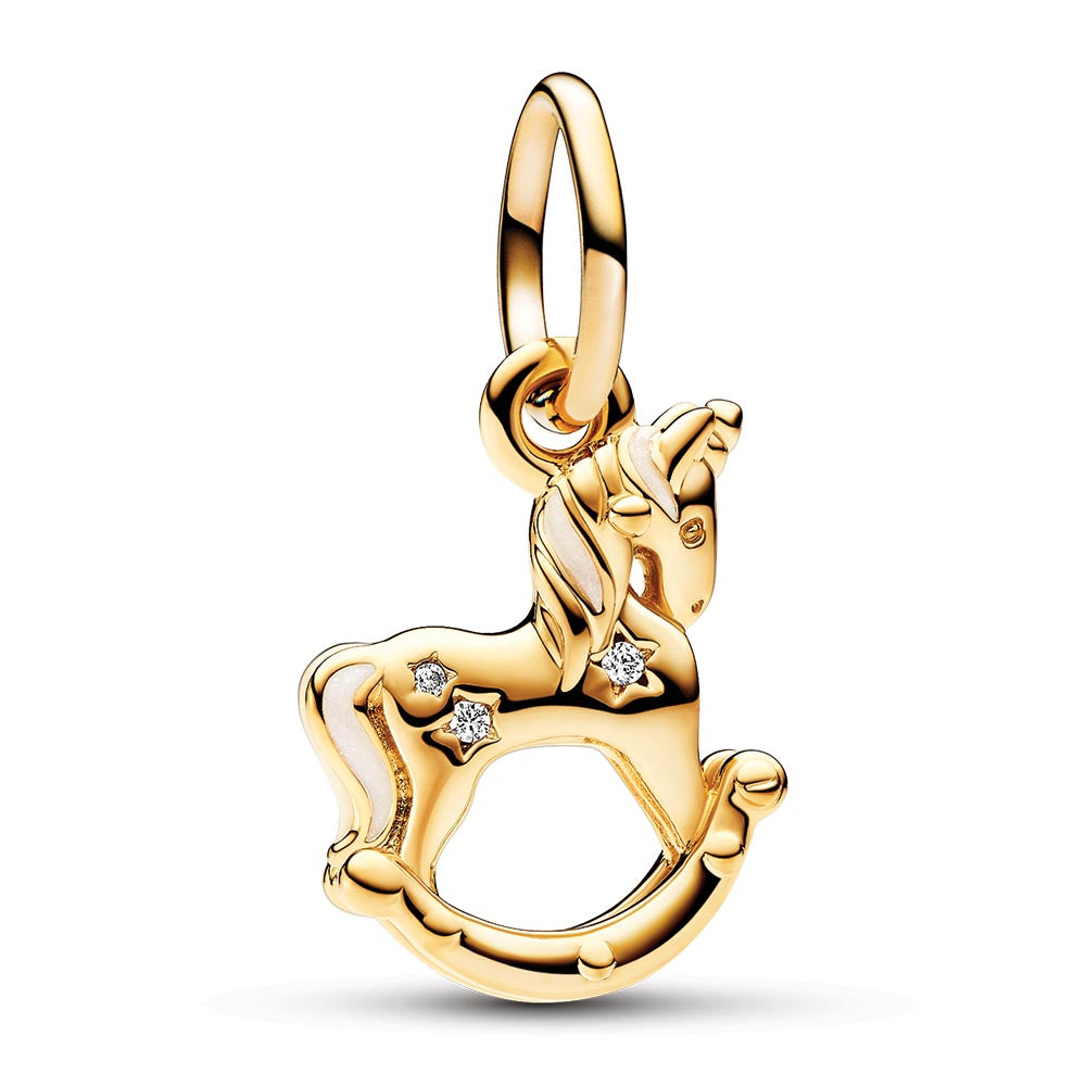 Rocking unicorn 14k gold-plated dangle with clear cubic zirconia and shimmering white enamel