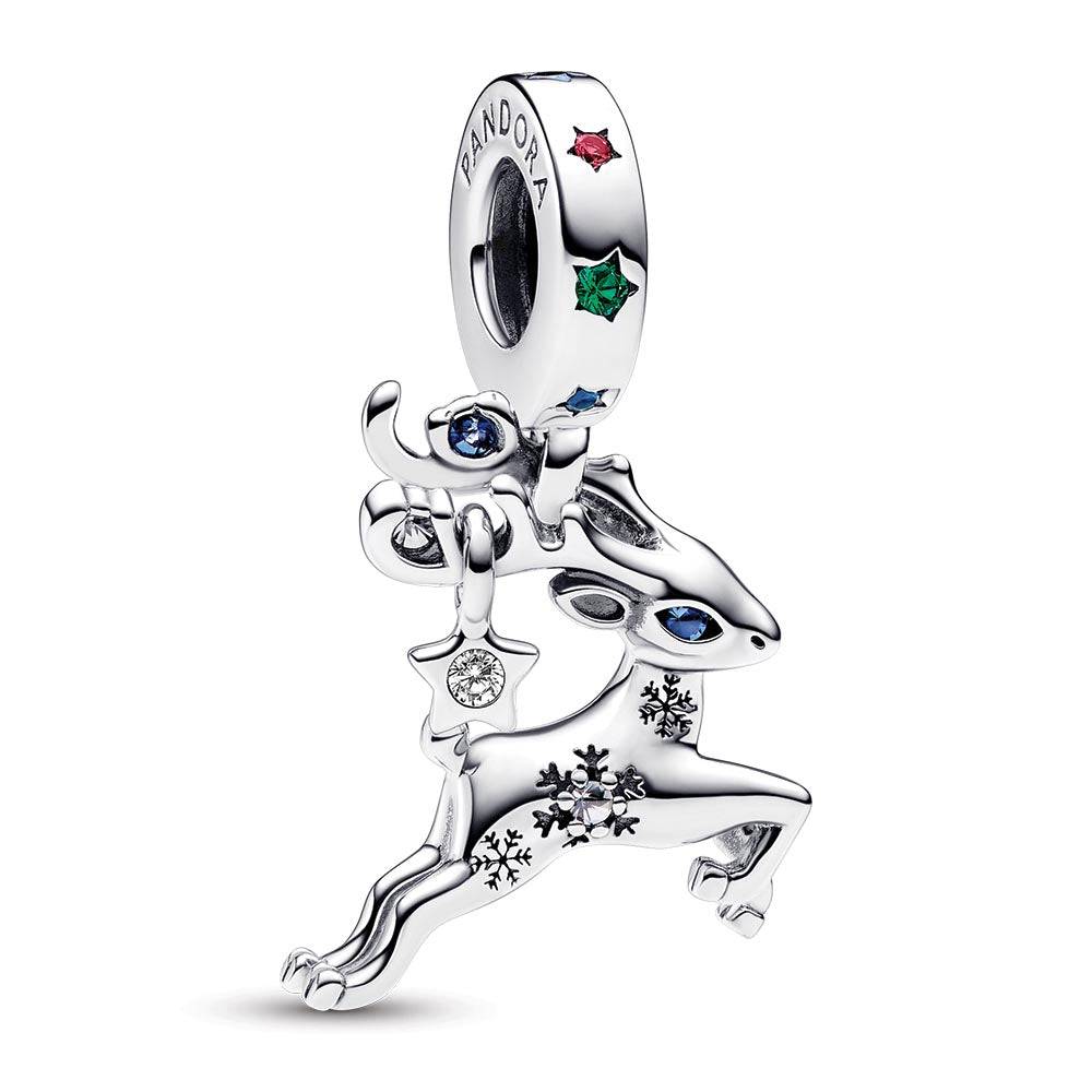 Magic reindeer sterling silver dangle with stellar blue and royal green crystal, red and clear cubic zirconia