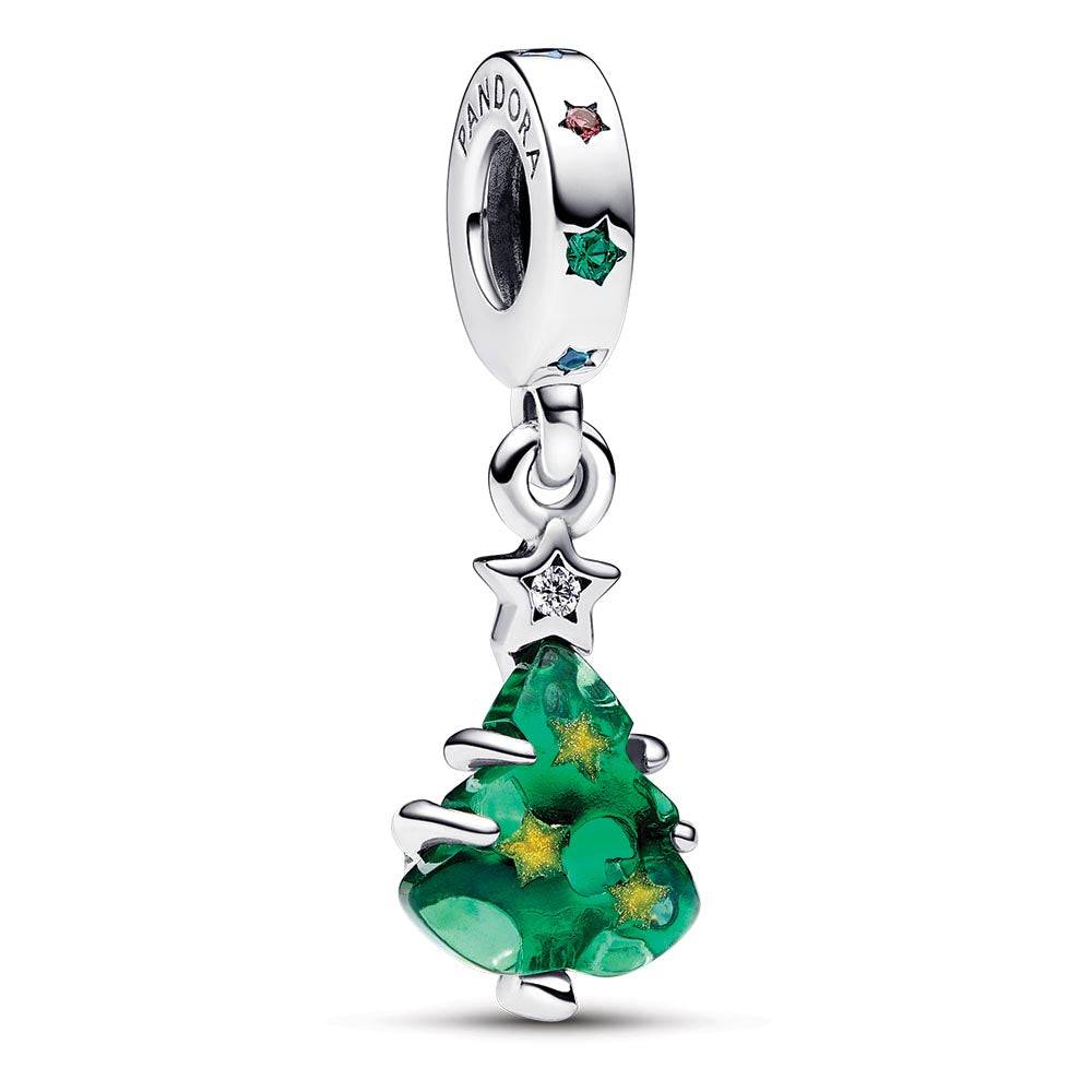 Christmas tree sterling silver dangle with clear, red cubic zirconia, stellar blue, royal green crystal and golden enamel