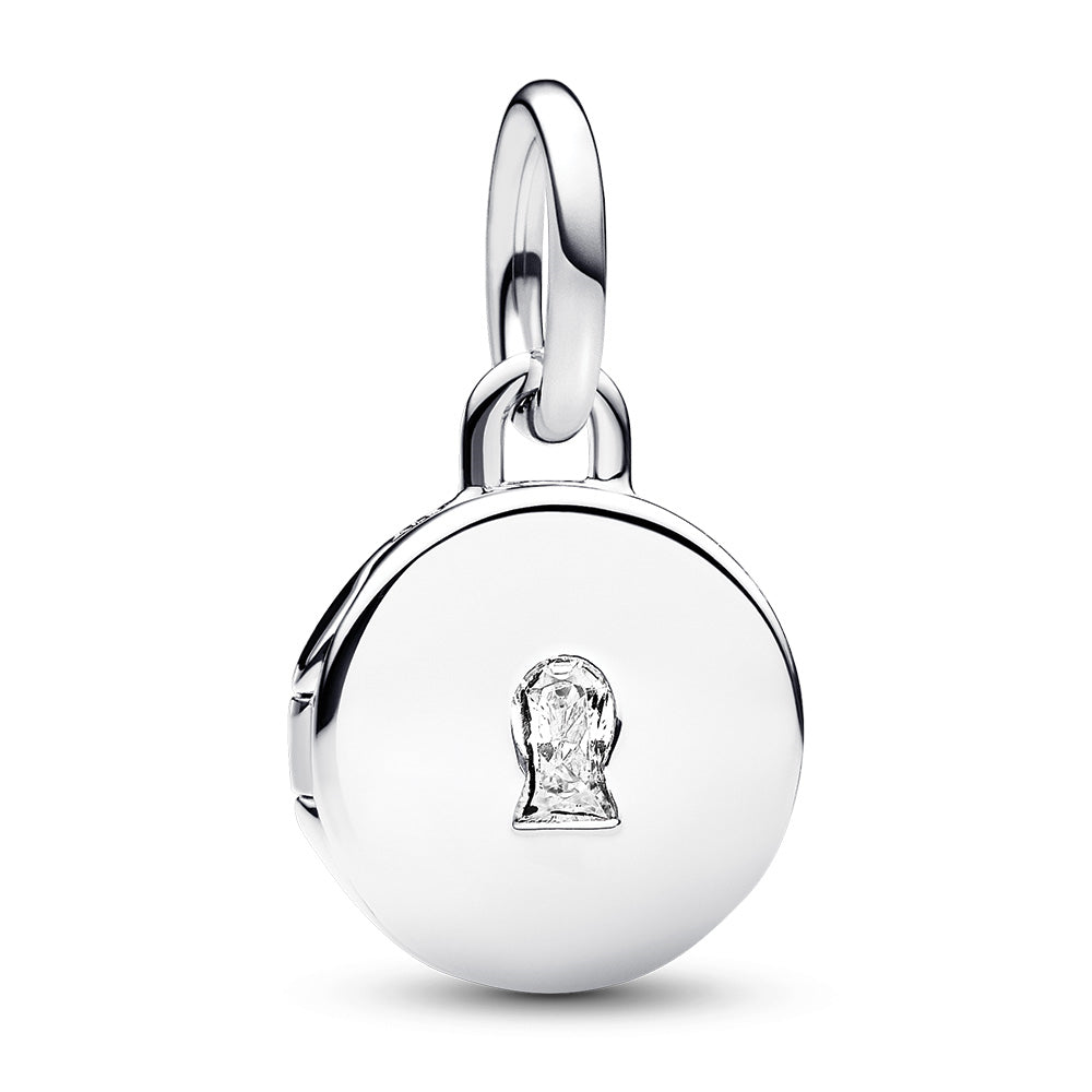 Key hole engravable locket sterling silver dangle with clear cubic zirconia