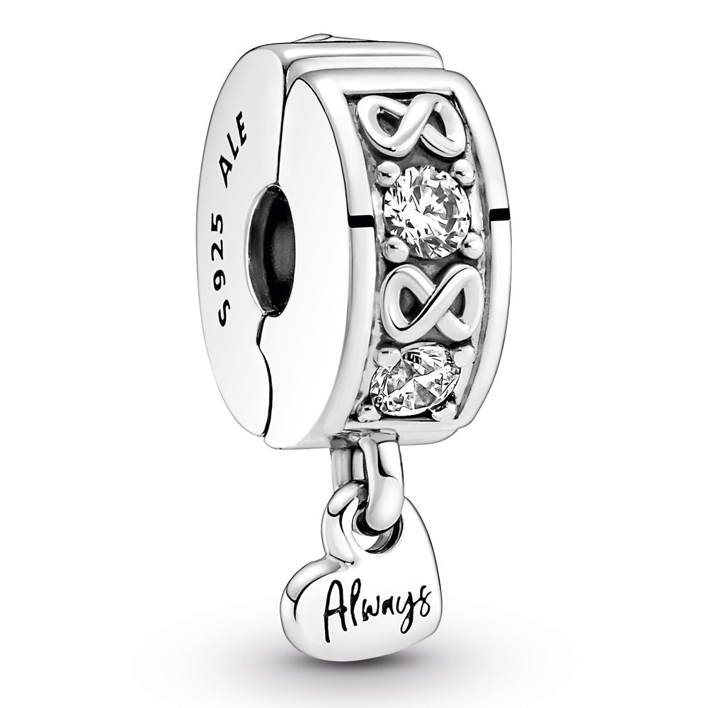Infinity sterling silver clip with clear cubic zirconia and silicone grip ALWAYS