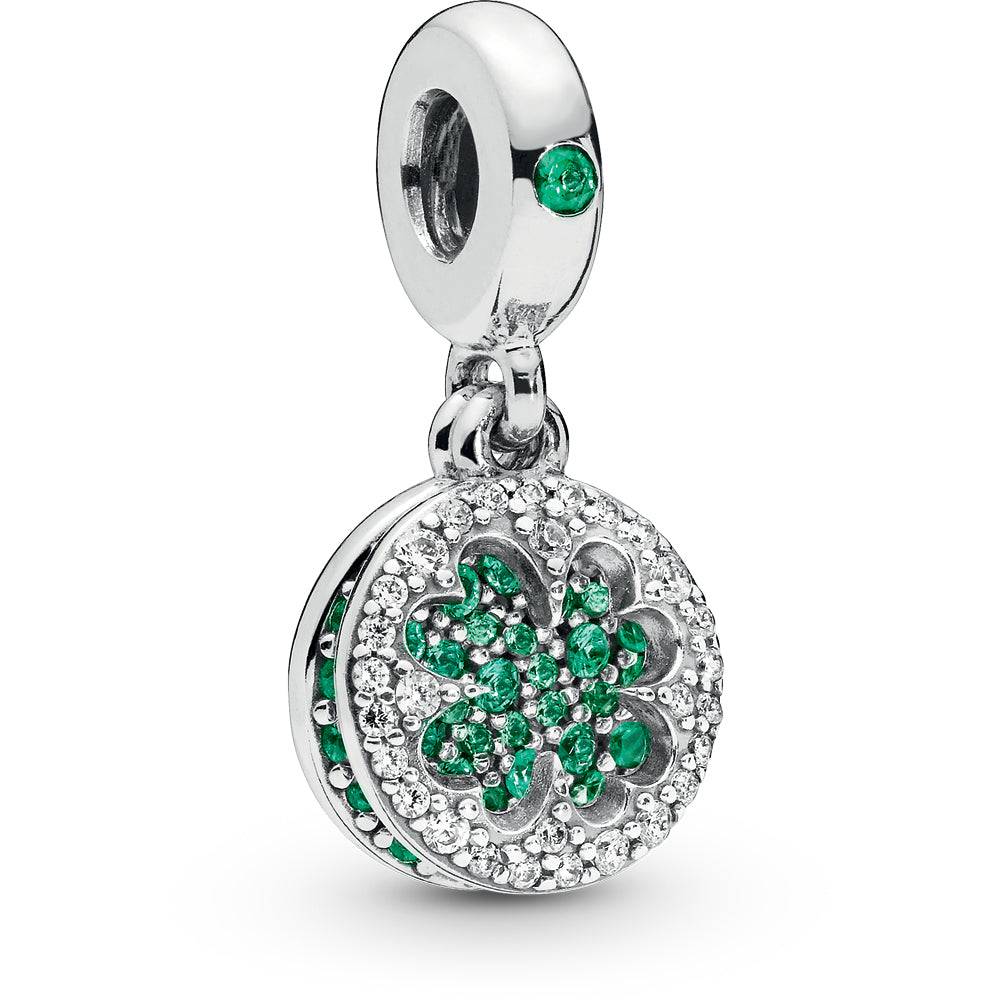 Dazzling Clover Silver Hanging Charm w Green Crystals & Clear CZ